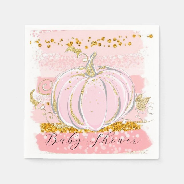 Pink Glitter Pumpkin Girl Baby Shower Napkin (Front)