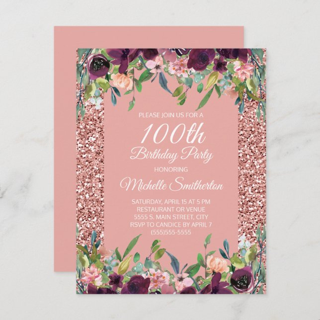 Pink Glitter Purple Floral 100th Birthday Card (Front/Back)