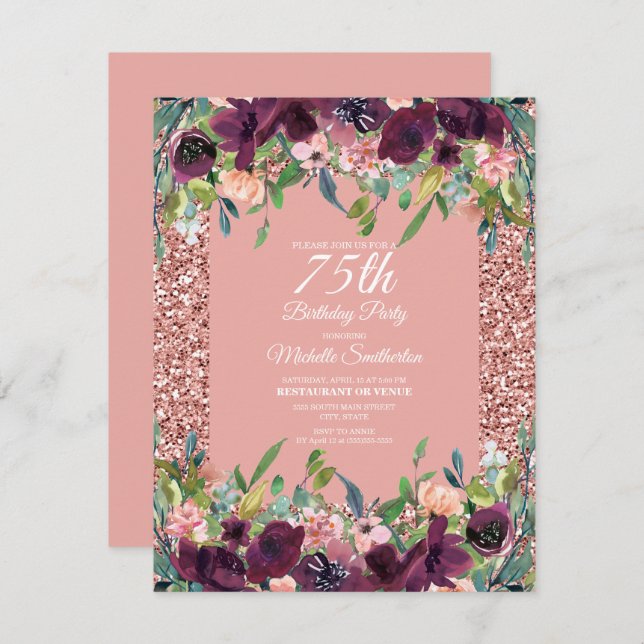 Pink Glitter Purple Floral Women's 75th Birthday Card (Front/Back)