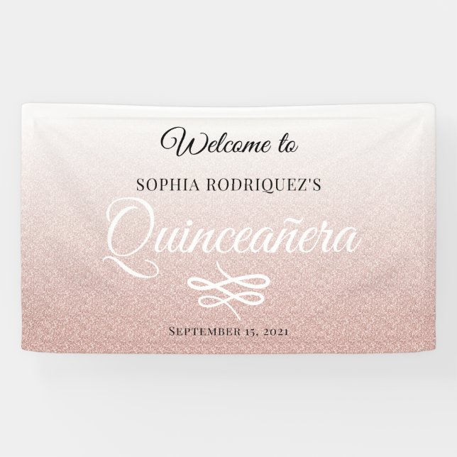 Pink Glitter Quinceañera 15th Birthday Welcome Banner (Horizontal)