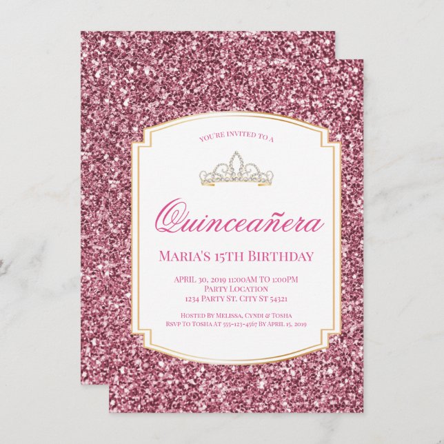 Pink Glitter Quinceañera Invitations (Front/Back)