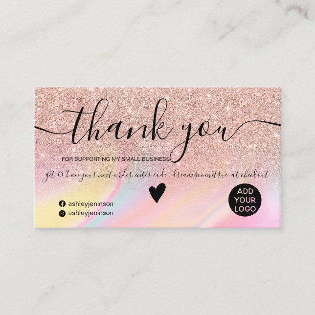 pink glitter rainbow marble order thank you business card (Front)
