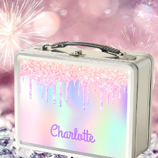 Pink glitter rainbow sparkle iridescent monogram metal lunch box