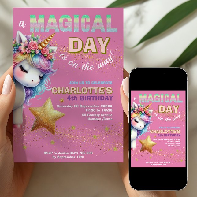 Pink Glitter rainbow unicorn 4th birthday  Invitation (Creator Uploaded)