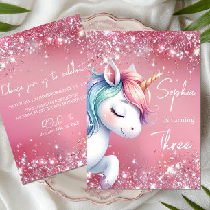 Pink Glitter Rainbow Unicorn Birthday Invitation