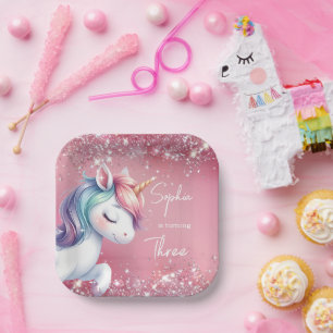 Pink Glitter Rainbow Unicorn Birthday Paper Plate