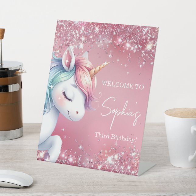 Pink Glitter Rainbow Unicorn Birthday Welcome Pedestal Sign (In SItu)