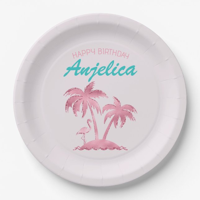 Pink Glitter Retro Flamingo and Palm Trees Paper Plate (Front)