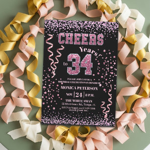 Pink Glitter Rhinestones 34th Birthday Party  Invitation