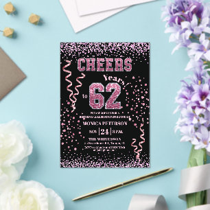 Pink Glitter Rhinestones 62nd Birthday Party  Acrylic Invitations