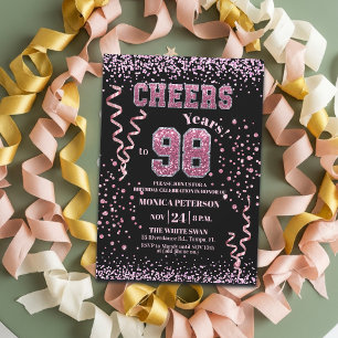 Pink Glitter Rhinestones 98th Birthday Party Invitation