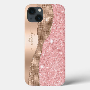 Pink Glitter Rose Gold Marble Girly Monogram iPhone 13 Case