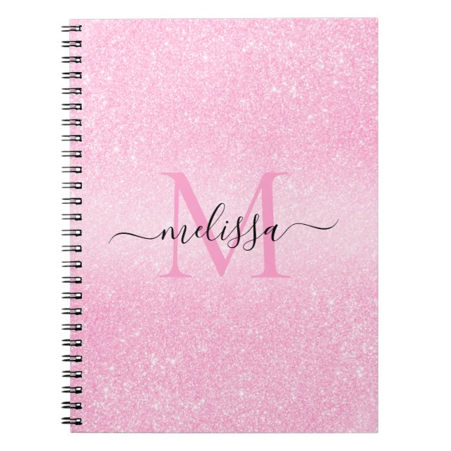 Pink Glitter Script Name Monogram Notebook (Front)