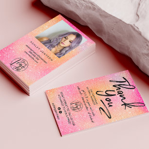 Pink glitter script photo logo order thank you business card