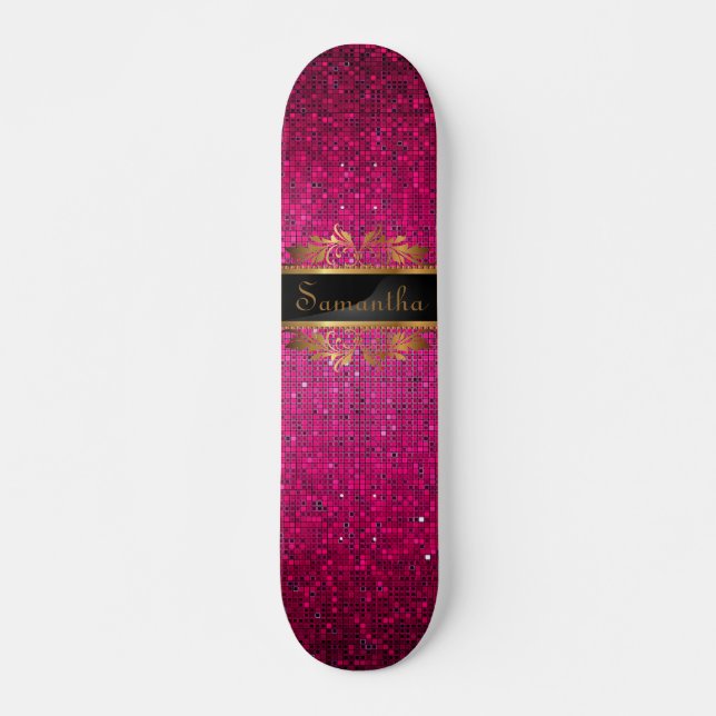 Pink Glitter Sequin Disco Old School Skateboard (Front)
