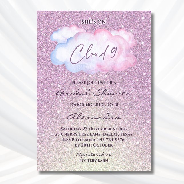 Pink Glitter She's on Cloud 9 Bridal Shower Invitation (Creator Uploaded)