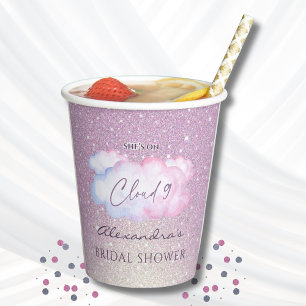 Pink Glitter She's on Cloud 9 Bridal Shower Paper Cups