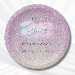 Pink Glitter She's on Cloud 9 Bridal Shower Paper Plate
