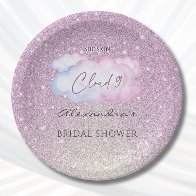 Pink Glitter She's on Cloud 9 Bridal Shower Paper Plate (Creator Uploaded)