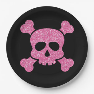 Pink Glitter Skull and Crossbones on Black Paper Plate