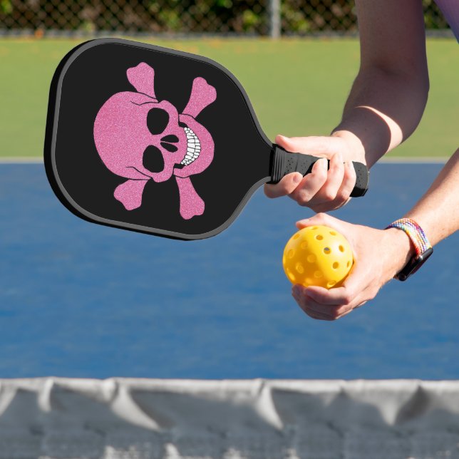 Pink Glitter Skull And Crossbones Pickleball Paddle (Insitu)