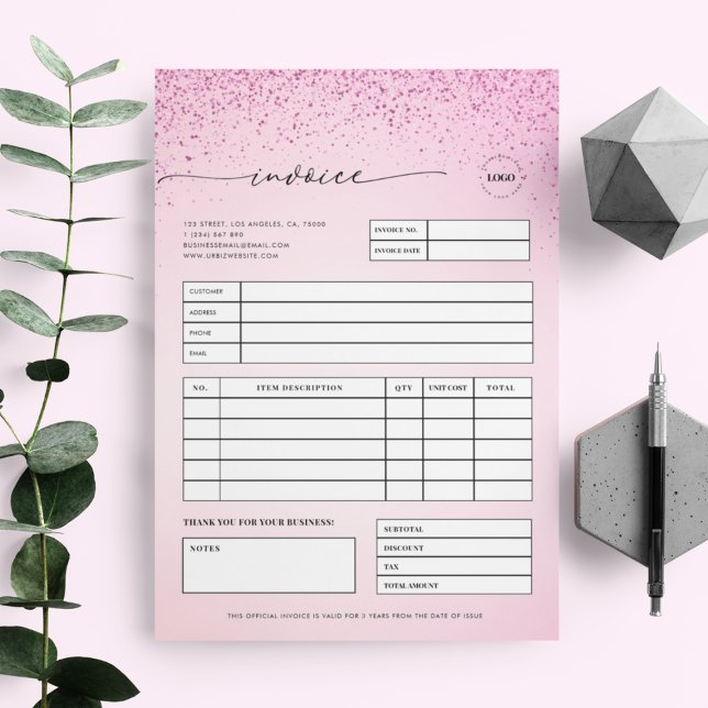 Pink Glitter Small Business Sales Invoice Receipt Custom Letterhead (Creator Uploaded)