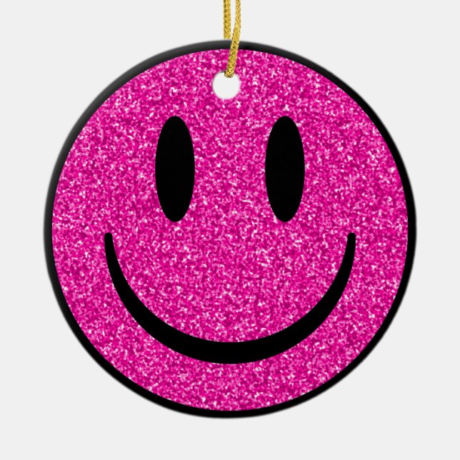 Pink Glitter Smile Face Ceramic Ornament (Front)