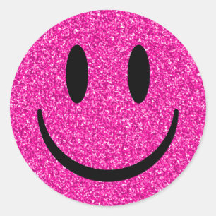 Pink Glitter Smile Face Classic Round Sticker