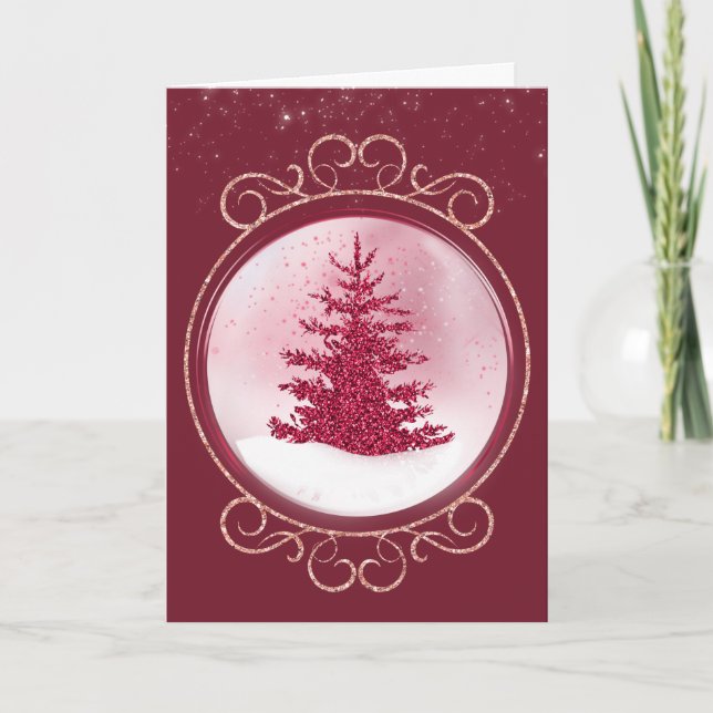 Pink Glitter Snow Globe Christmas Card (Front)