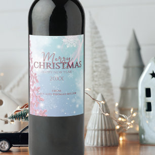 Pink Glitter Snowflake Winter Christmas Holiday Wine Label