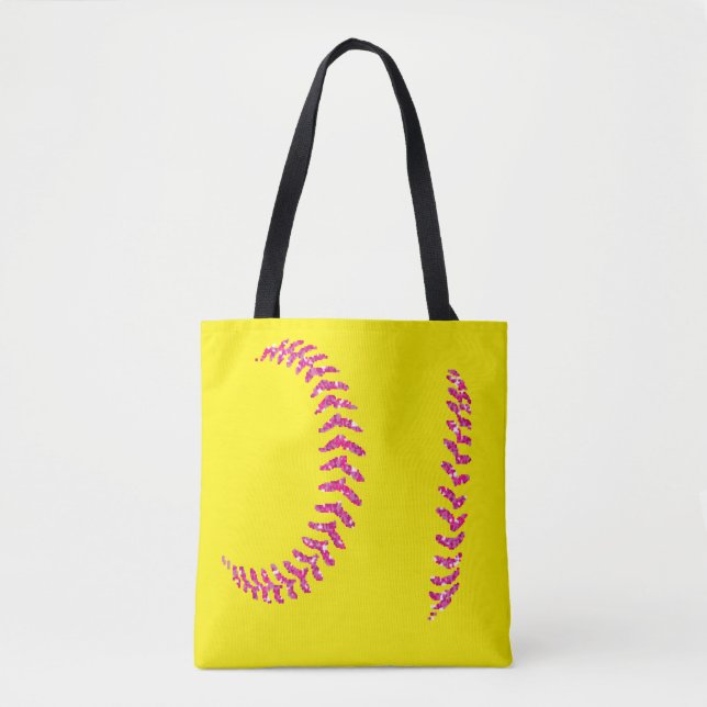 Pink Glitter Softball Stitches Tote Bag (Front)