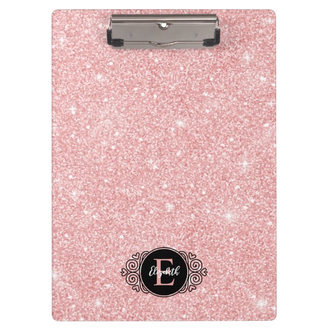 Pink Glitter Sparkle Modern Monogram Clipboard (Front)