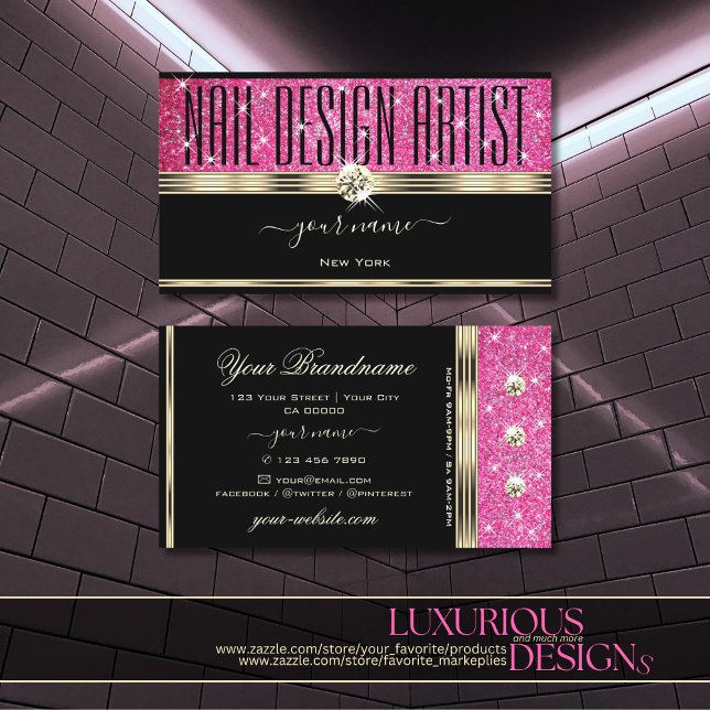 Pink Glitter Sparkle Stars Diamonds Gold and Black Business Card (Creator Uploaded)