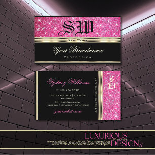 Pink Glitter Sparkle Stars Monogram Gold and Black Business Card