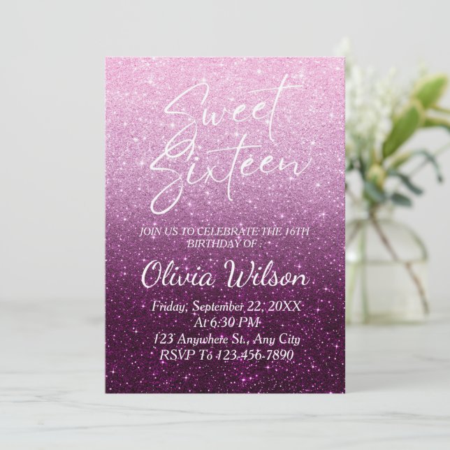 Pink Glitter Sparkles Ombre Sweet 16  Invitation (Standing Front)