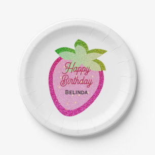 Pink Glitter Sparkling Y2K Strawberry Birthday Paper Plate