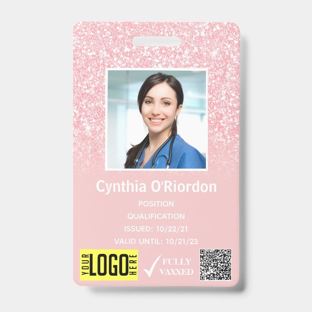 Pink Glitter Staff Photo ID QR Barcode Badge (Front)
