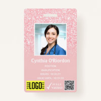 Pink Glitter Staff Photo ID QR Barcode Badge
