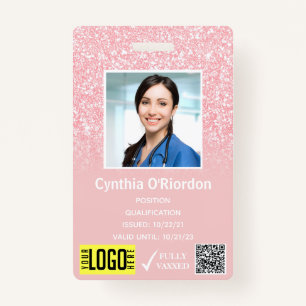 Pink Glitter Staff Photo ID QR Barcode Badge ID Badge
