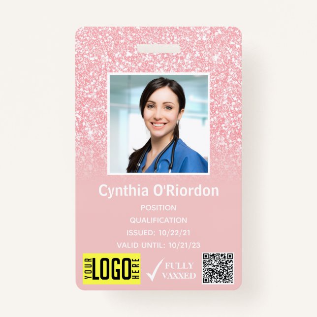 Pink Glitter Staff Photo ID QR Barcode Badge ID Badge (Front)