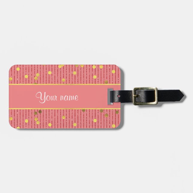 Pink Glitter Stripes Gold Confetti Luggage Tag (Front Horizontal)