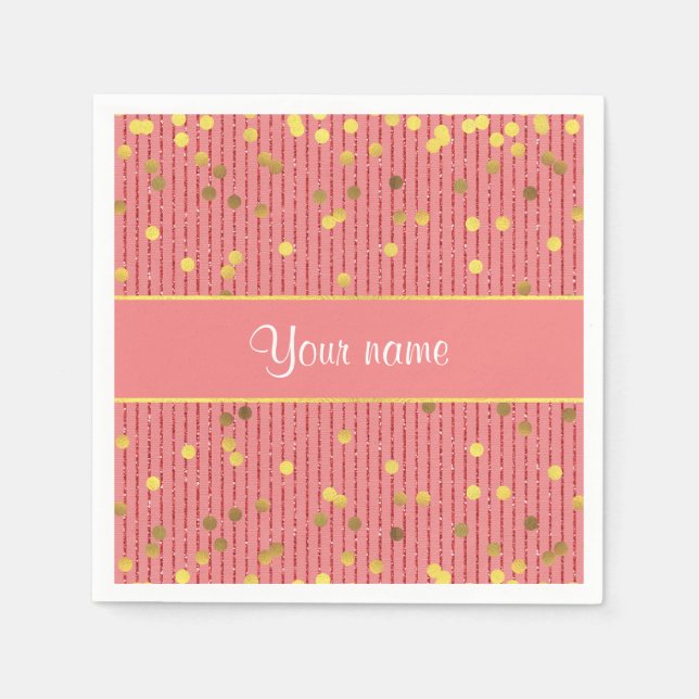 Pink Glitter Stripes Gold Confetti Napkin (Front)