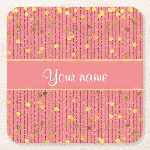 Pink Glitter Stripes Gold Confetti Square Paper Coaster