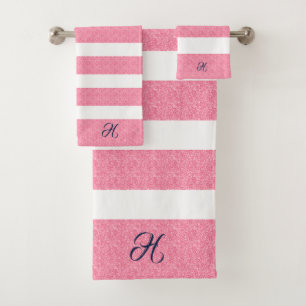 Pink Glitter Stripes Pattern on White Bath Towel Set