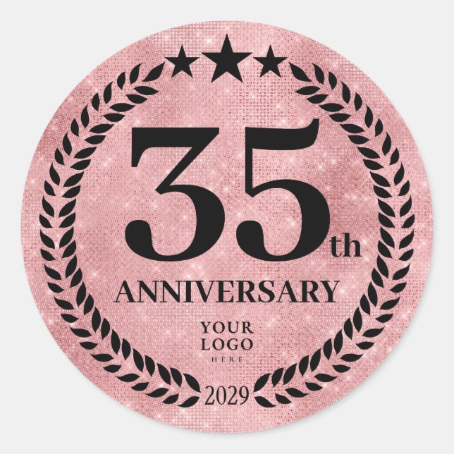  Pink Glitter Style 35th Anniversary Business Logo Classic Round Sticker (Front)