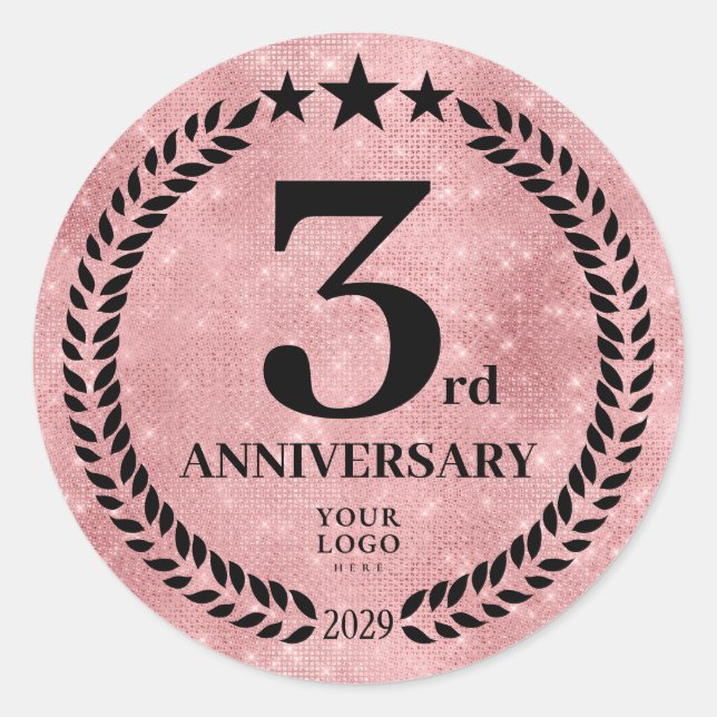  Pink Glitter Style 3rd Anniversary Business Logo Classic Round Sticker (Front)