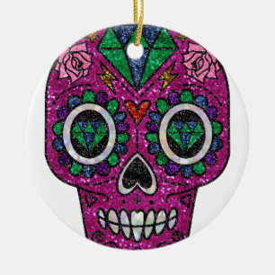 pink glitter sugar skull ceramic ornament
