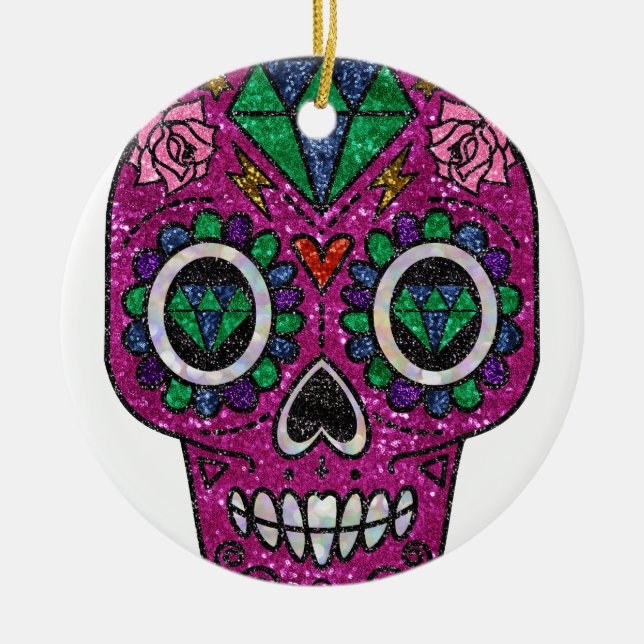 pink glitter sugar skull ceramic ornament (Front)