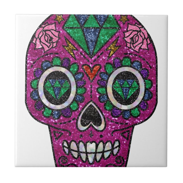 pink glitter sugar skull ceramic tile (Front)