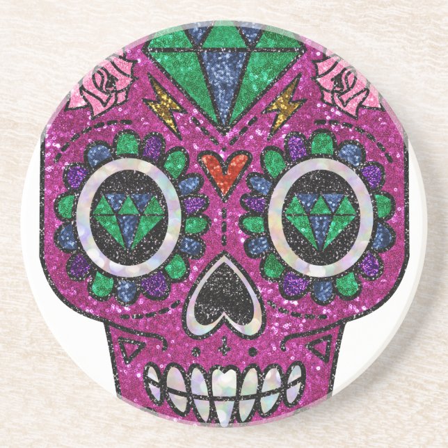 pink glitter sugar skull coaster (Front)